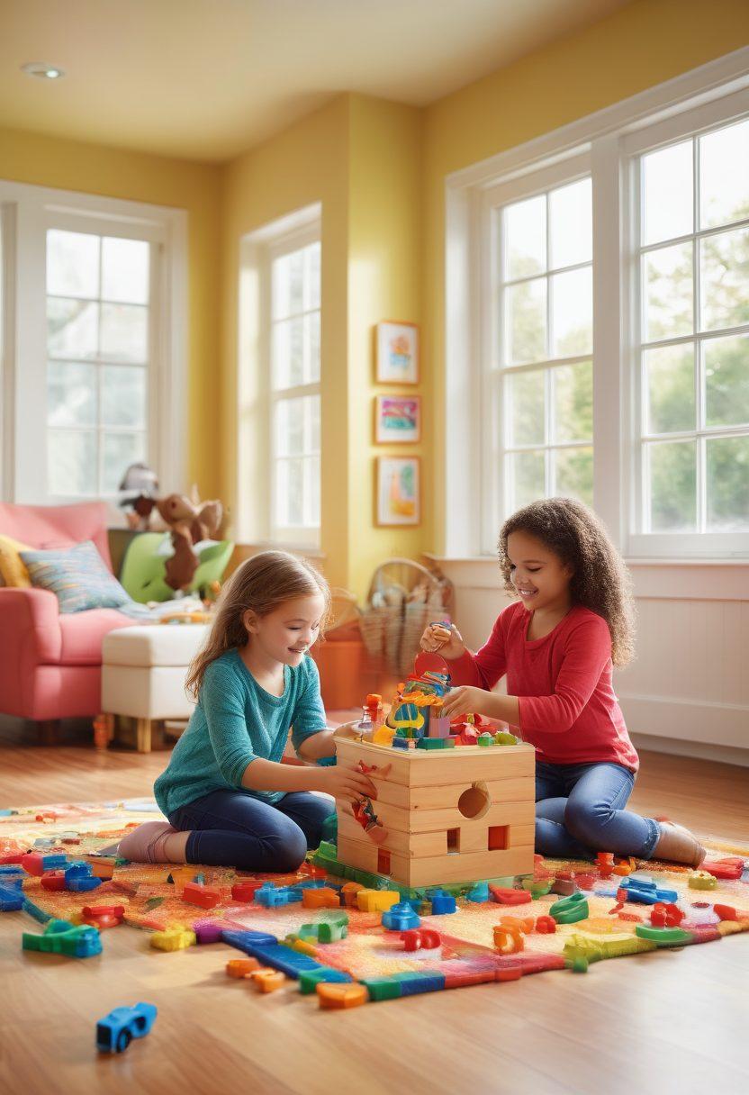 A whimsical scene of children happily engaged in interactive play with various colorful Smith Toys, featuring educational games and unique toy designs scattered around a bright playroom. Sunlight filters through large windows, illuminating joyful expressions and a sense of exploration. Include vibrant blocks, puzzles, and imagination-fueled toys showcasing collaboration and learning. super-realistic. vibrant colors. cozy interior.