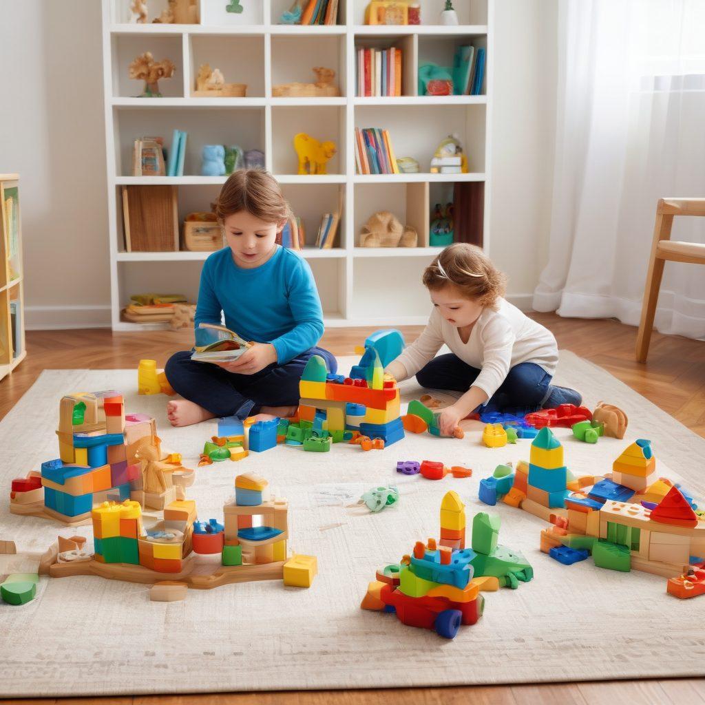 A colorful and dynamic arrangement of various educational toys, including building blocks, art supplies, and puzzles, arranged on a whimsical playmat. A diverse group of children happily engaged in creative play, showcasing teamwork and imagination. Soft lighting that enhances a warm and inviting atmosphere, with a bookshelf in the background filled with books on creativity and learning. super-realistic. vibrant colors. white background.