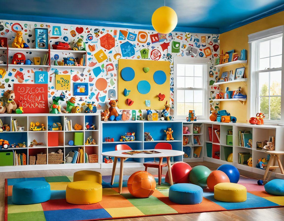A colorful scene of children joyfully playing with various modern toys that promote creativity and development, surrounded by safety symbols like checked shields and soft padding. Incorporate a backdrop of a bright, cheerful playroom with bookshelves filled with educational materials. The children should be diverse, highlighting inclusivity in playtime. Super-realistic. Vibrant colors. 3D.